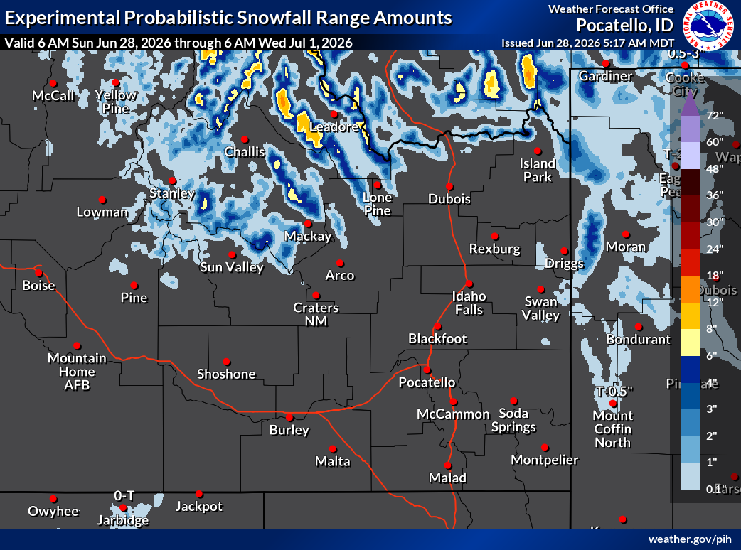 snow fall forecast valid 12 z Jun 28 through 18 z Jun 30